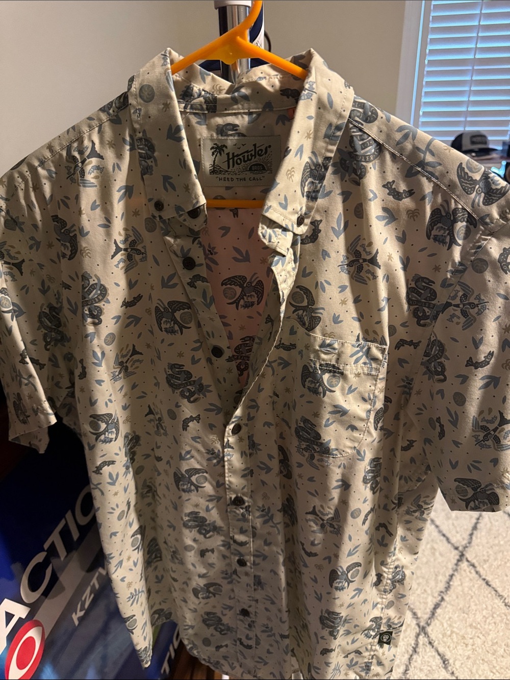 Howler Brothers Short Sleeve Button-Down Shirt in Cream with Navy Print